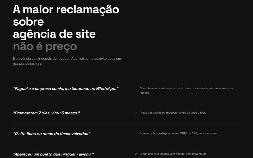 Seção de dúvidas reais, com as reclamações mais comuns sobre agência de site