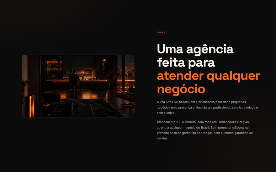 Seção sobre a agência, com a foto do espaço de trabalho